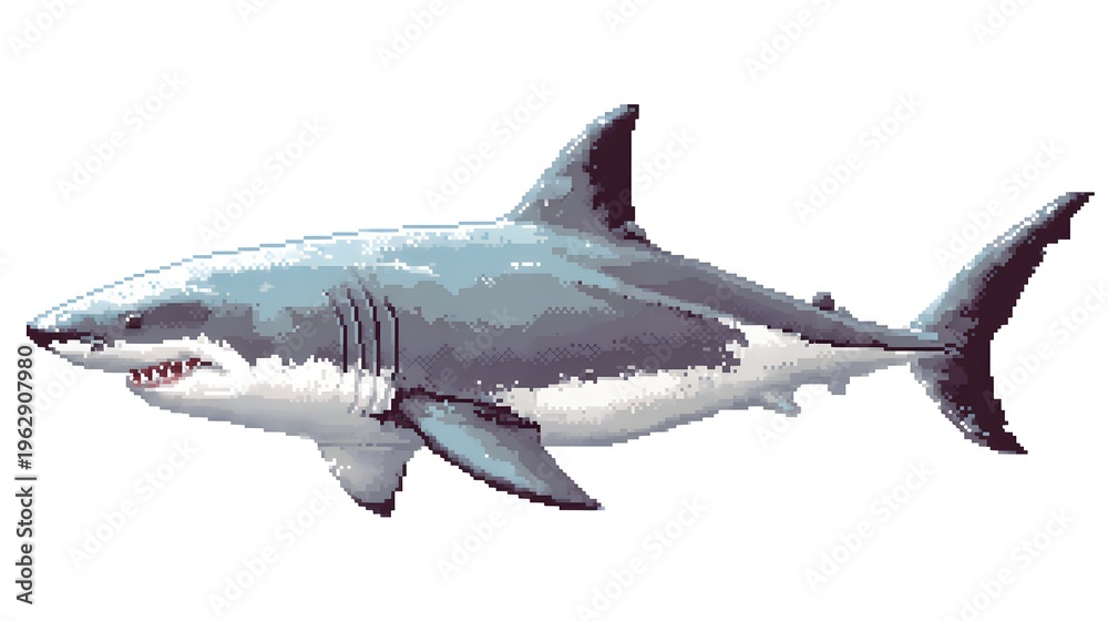 Fototapeta premium Pixel art illustration of a great white shark swimming alone.