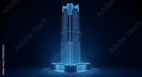 A futuristic skyscraper with blue neon lights on a dark background
