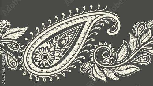 Elegant paisley design with intricate swirling patterns and delicate floral motifs in refined monochrome aesthetic