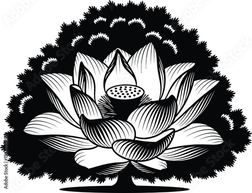 Black Lotus Flower Illustration on White Background