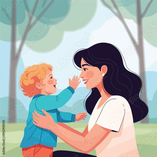 A mother and child embrace joyfully in a park scene with trees
