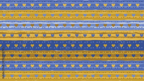 Seamless pattern with hand-drawn folk art style hearts and textured stripes, featuring charming blue and gold horizontal bands with whimsical small heart and rhombus details, perfect for decorative