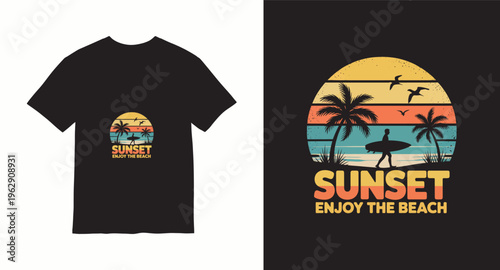 Sunset enjoy the beach retro horizontal stripes t-shirt design featuring palm trees and surfer