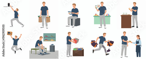 Flat Illustration Man Shopping and Engaging in Commerce Activities in Stores Set