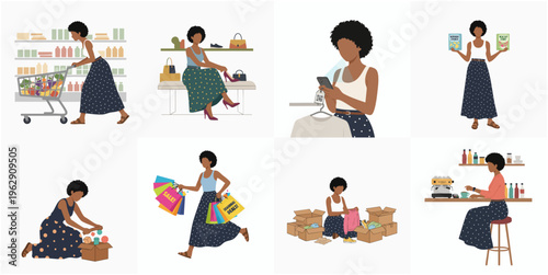 Flat Color Black Woman Shopping Various Activities Illustration Set