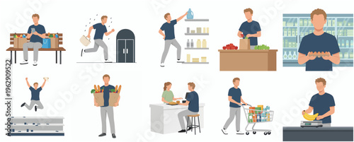 Flat Illustration Man Doing Grocery Shopping at Supermarket Store Activities Set