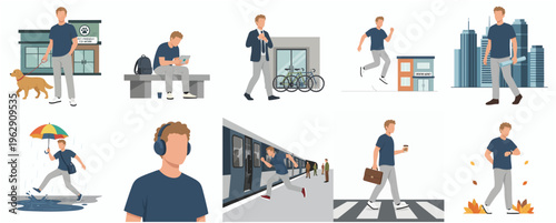 Flat Character Illustration of Man in Different Activity Lifestyle and Situation