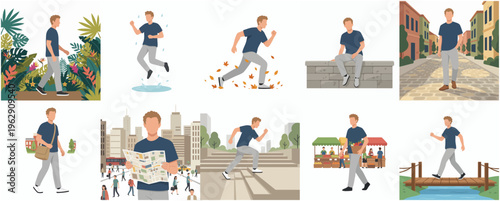 Modern Flat Illustration of a Man Performing Various Activities and Poses
