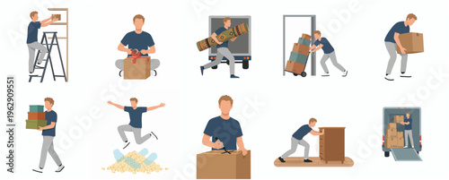 Flat Style Diverse Moving Service and Relocation Process Illustration Set