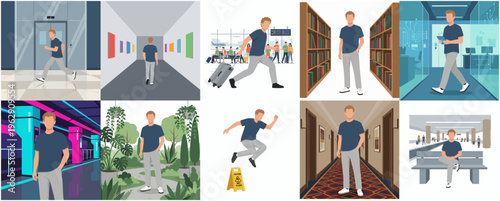 Flat Style Illustrations Man in Various Indoor and Outdoor Locations Set
