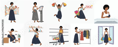 Modern Flat Illustration of Shopping Activity with an African Woman Character