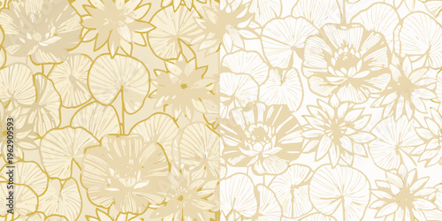 Golden floral pattern with overlapping lotus and water lily blossoms