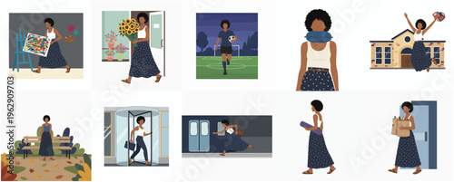 Flat Style Illustration Showing Daily Life Activity of an African American Woman
