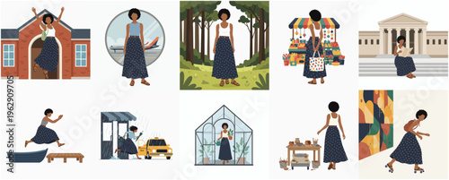 Modern Flat Illustration of a Young Woman Exploring Different Locations Lifestyle