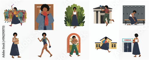 Diverse Flat Illustration Set of a Woman's Day in Varied Scenarios