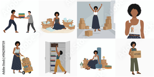 Minimalist Illustration Set of Black Woman Moving to New Home Scene
