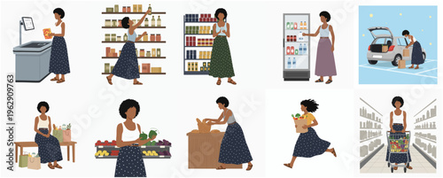Flat Style Detailed Woman in Supermarket Activities Grocery Shopping Illustration
