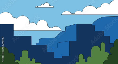 A colorful landscape, featuring clouds, hills, and plant-life