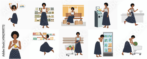 Flat Illustration Set of Woman Shopping in Supermarket Different Activities