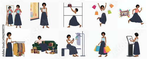 Flat Woman Shopping Scene Illustration Set in a Modern Fashion Store