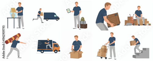 Flat Style Moving Process Illustration with Delivery Man Character and Boxes