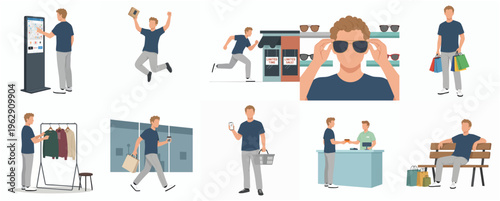 Flat Style Man Doing Activities Inside And Outside Shopping Mall Illustration