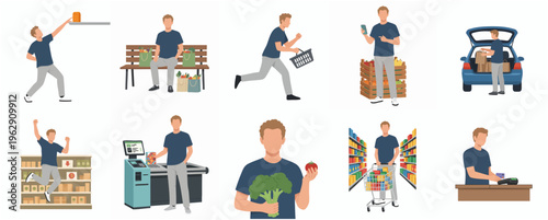 Set of Man Character Shopping and Groceries in Different Action Illustration