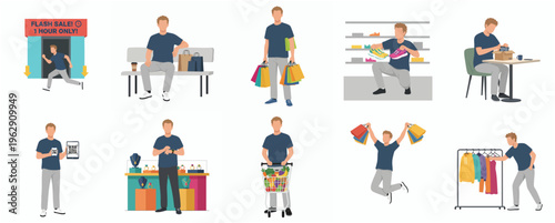 Flat Style Diverse Man Shopping Scenarios in Various Retail Environments Illustration