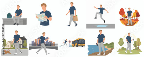 Flat Style Depiction of a Man Engaged in Daily Life Activities Illustration
