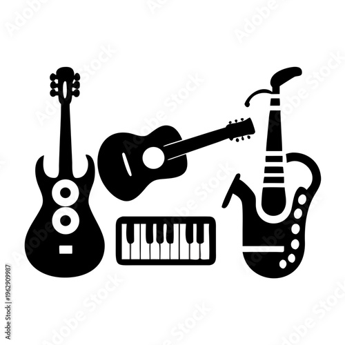 musical instrument set silhouette illustration with guitar keyboard and saxophone for menu interface and user interface design