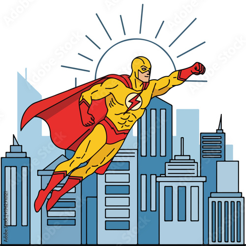 A masked hero flies through the cityscape towards the sun