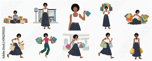 Stylish Flat Illustration Set of Woman with Shopping Bag Activity