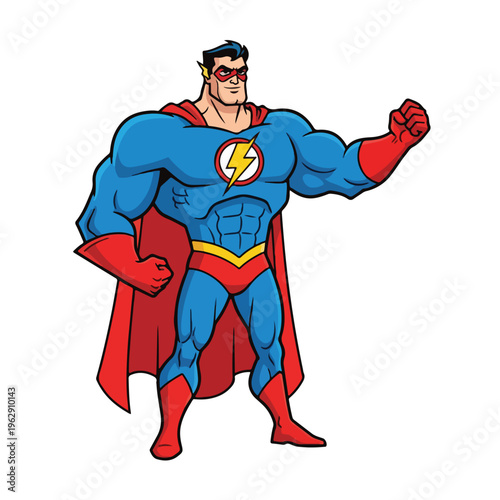 A muscular character in a blue suit with a red cape and mask