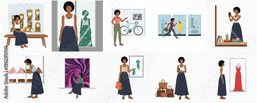 Diverse Illustration Set of Black Woman in Varied Shopping Scenarios and Locations