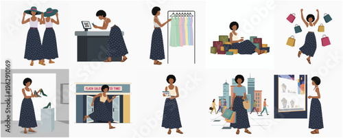Illustrated Various Woman Shopping Activities Boutique Purchase Scenarios