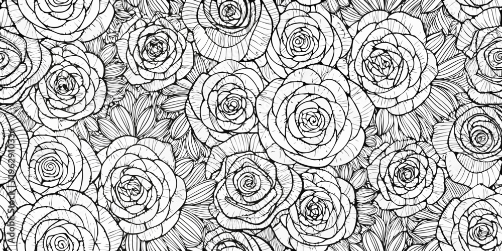 Fototapeta premium Intricate black and white floral pattern featuring numerous roses