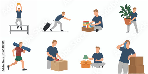 Flat Style Detailed Character Moving and Relocation Illustration in Various Action Poses