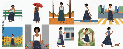 Flat Illustration Black Woman Daily Life Activity with Various Backgrounds