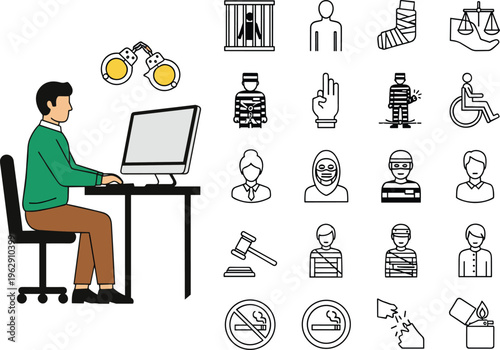 Flat vector illustration of a man working at a computer with handcuffs and law icons including prisoner, judge gavel, and justice scales.