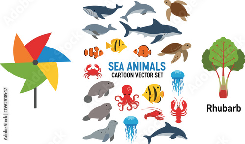 Flat vector illustration set featuring a colorful pinwheel toy, organic rhubarb plant, and a large collection of diverse cartoon sea animals isolated on white.