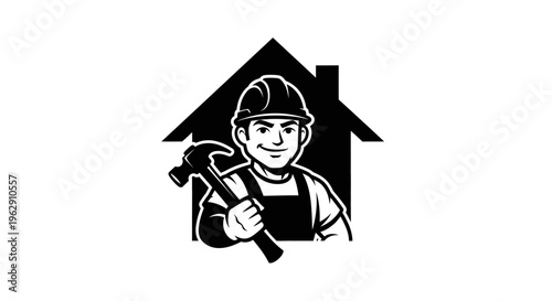 Handyman Construction Worker Holding Hammer with House Silhouette, Home Improvement and Repair Service Concept, Professional Renovation and Carpentry Illustration, Building Maintenance Symbol