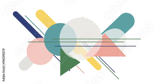 A geometric composition featuring circles, lines, and triangles in pastel colors