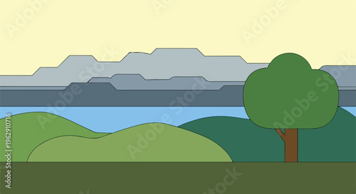 A colorful landscape of hills, water, clouds, and a tree
