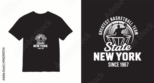 Basketball state new york vintage t-shirt design with player silhouette and ball