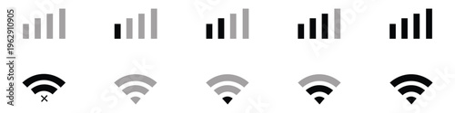 A set of signal strength and wifi icons in various shades of gray and black