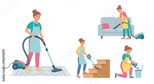 Woman performing various household cleaning tasks in a bright interior
