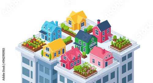 Isometric illustration of colorful houses situated on rooftop gardens
