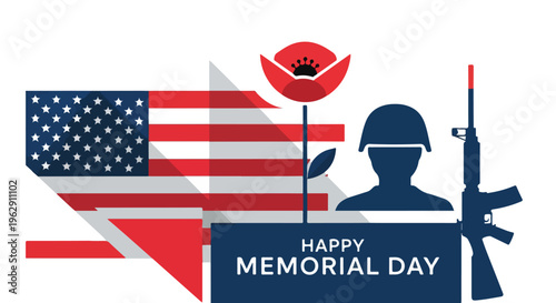 A patriotic graphic with flag, poppy, soldier, and gun