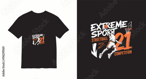 Basketball streetball competition vector graphic with dunking player and typography for tshirt design