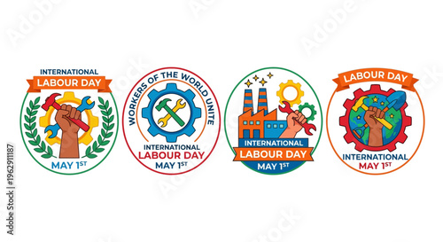 Four colorful emblems celebrating international labour day on may 1st
